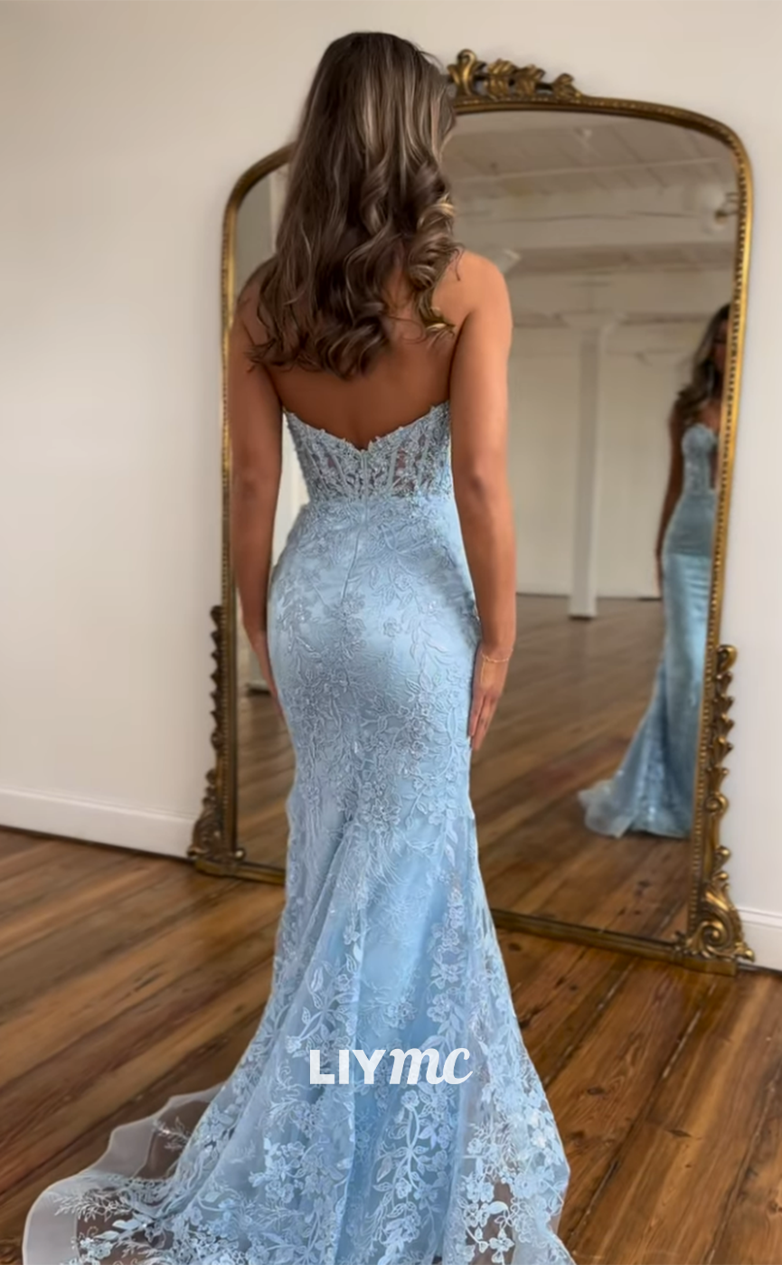 LP1223 - Elegant Blue Sweetheart Mermaid Lace Appliques Prom Evening Dress