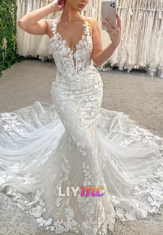 V-Neck Straps Appliques Mermaid Wedding Dress