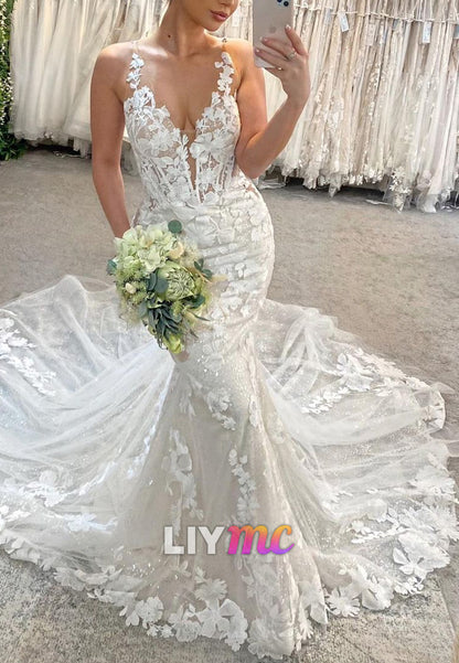 V-Neck Straps Appliques Mermaid Wedding Dress