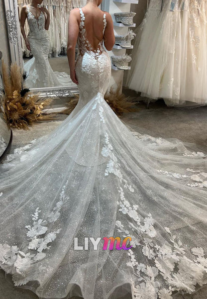 V-Neck Straps Appliques Mermaid Wedding Dress