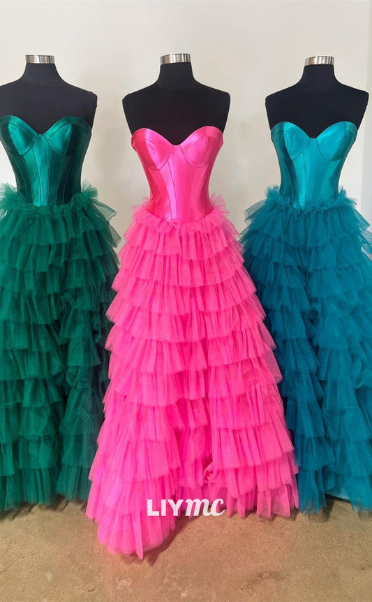 LP771 - A line Sweetheart Tulle Ruffles Long Formal Prom Dress