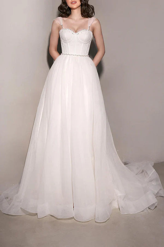 A Line Sweetheart Bead Chiffon Simple Wedding Dress