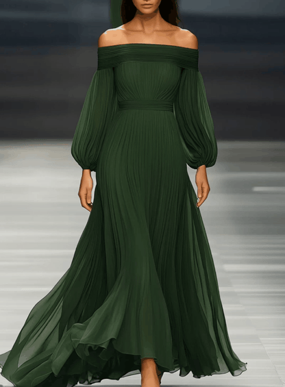 24-Hour-Shipping Off-shoulder Green Chiffon Maxi Dress