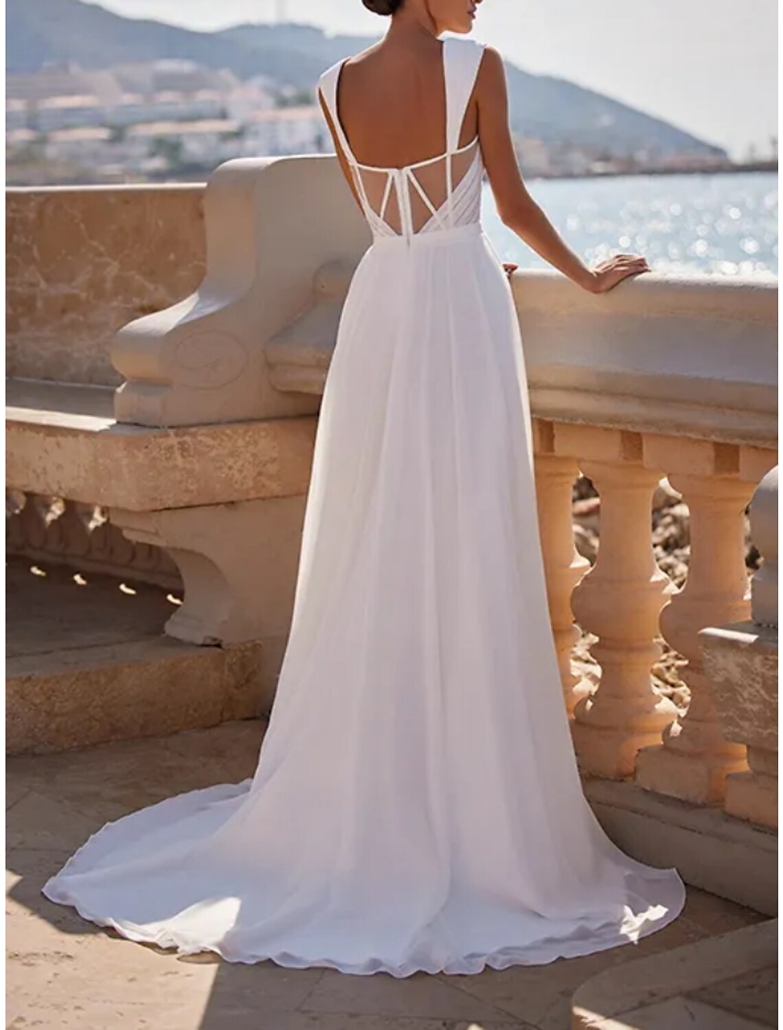Little White Dresses Wedding Dresses A-Line Square Neck Sleeveless Sweep / Brush Train Chiffon Bridal Gowns With Pleats Split Front