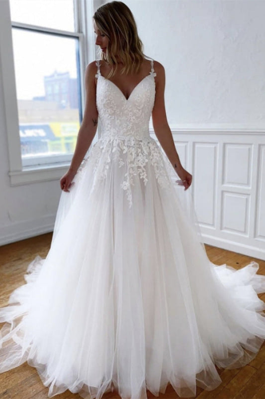 V Neck Open Back White Lace Wedding Dresses Tulle Aline Bridal Dress