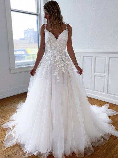 V Neck Open Back White Lace Wedding Dresses Tulle Aline Bridal Dress