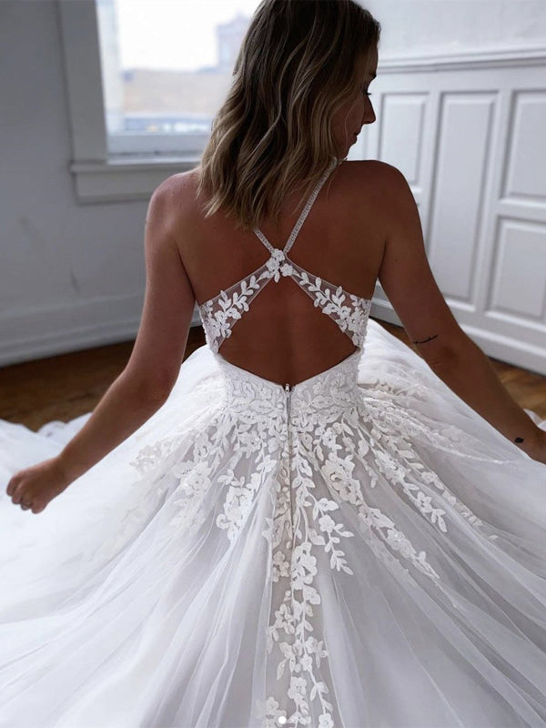 V Neck Open Back White Lace Wedding Dresses Tulle Aline Bridal Dress