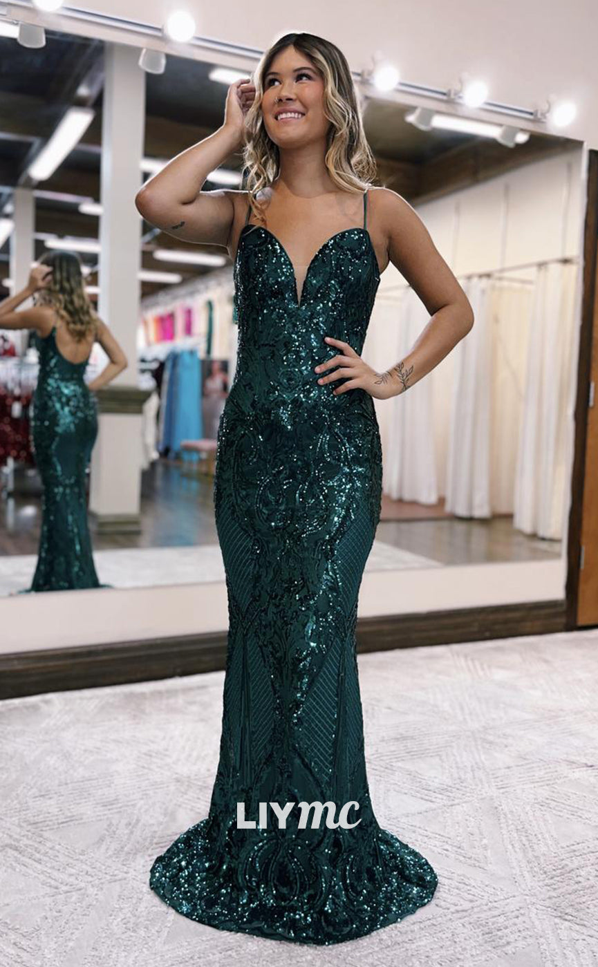 LP1230 - Sexy V-Neck Trumpet/Mermaid Sleeves Sequind Prom Party Dress