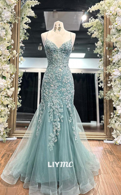 LP1215 - Elegant & Luxurious V-Neck Lace Appliques Tulle Burgundy Prom Dresses