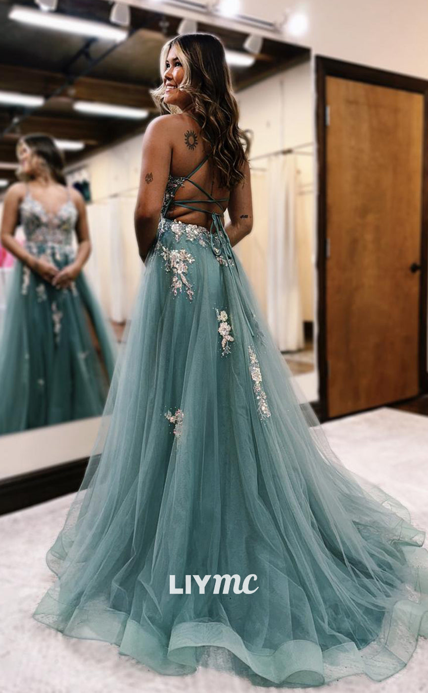 LP1236 - Classic & Timeless V-neck Tulle Lace Appliques Long Quinceanera Party Dress