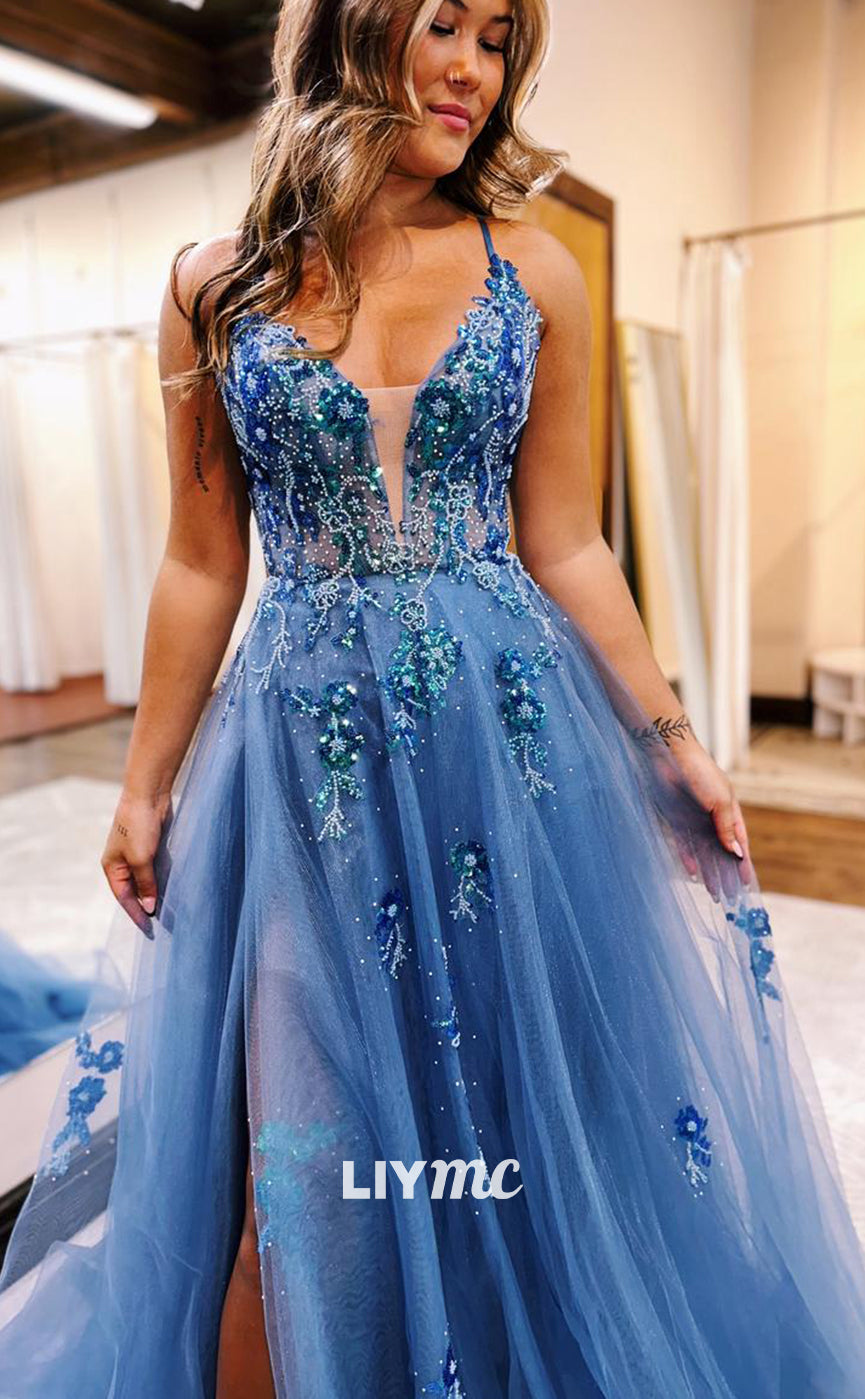 LP1236 - Classic & Timeless V-neck Tulle Lace Appliques Long Quinceanera Party Dress