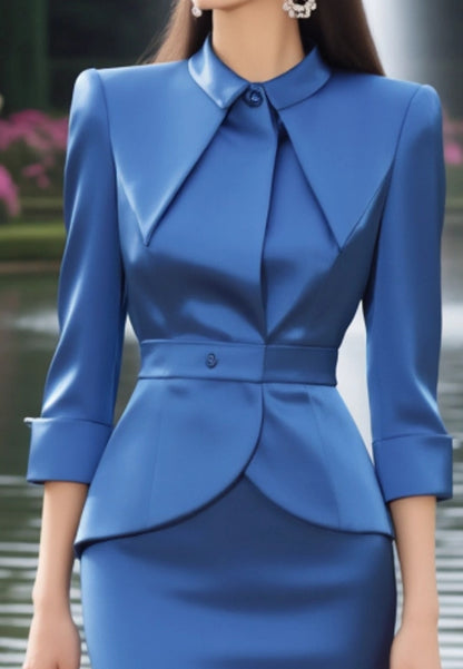 Wedding Guest Dress Blue Lapel Midi Outfit Sets Skirt Set