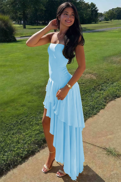 Blue Sheath Strapless Spandex High Low Long Prom Dresses with Ruffles