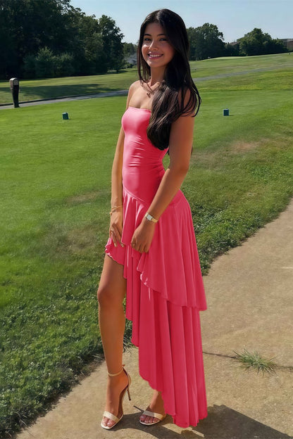 Blue Sheath Strapless Spandex High Low Long Prom Dresses with Ruffles