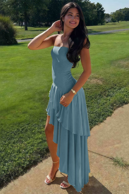 Blue Sheath Strapless Spandex High Low Long Prom Dresses with Ruffles