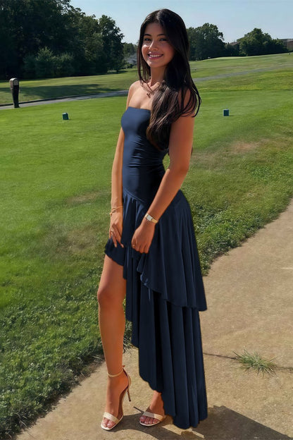 Blue Sheath Strapless Spandex High Low Long Prom Dresses with Ruffles