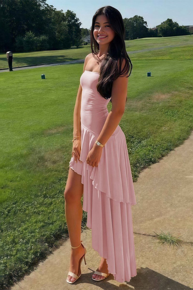 Blue Sheath Strapless Spandex High Low Long Prom Dresses with Ruffles