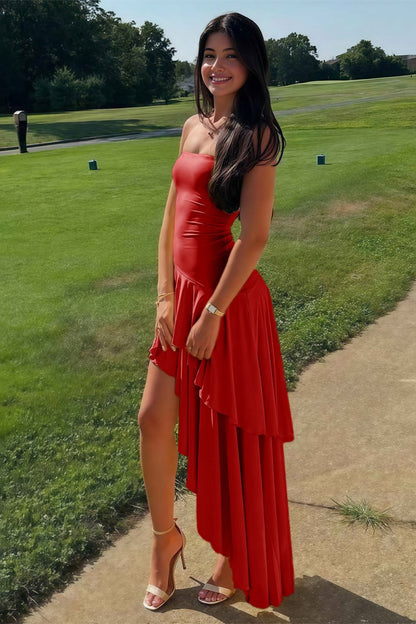 Blue Sheath Strapless Spandex High Low Long Prom Dresses with Ruffles