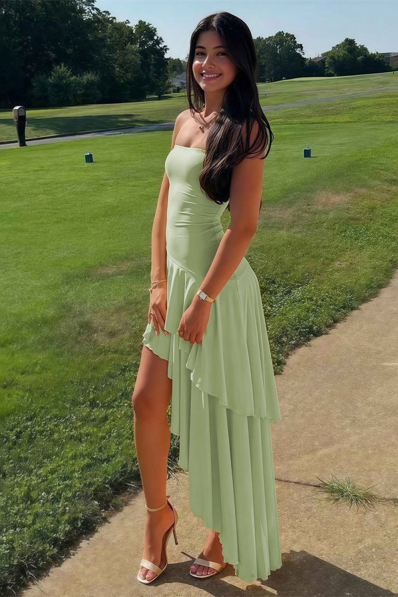 Blue Sheath Strapless Spandex High Low Long Prom Dresses with Ruffles