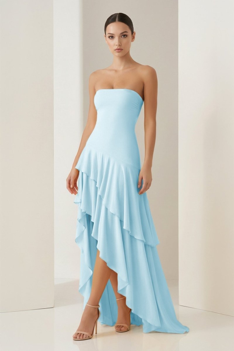 Blue Sheath Strapless Spandex High Low Long Prom Dresses with Ruffles