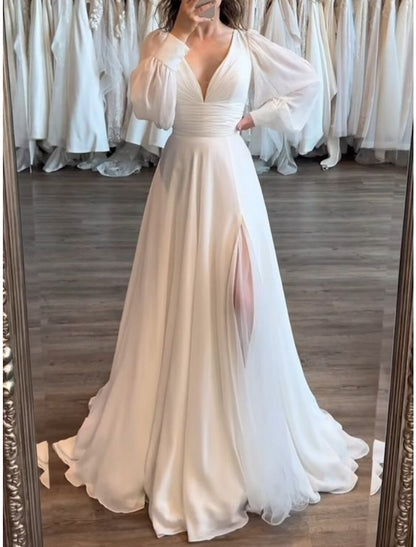 Mature Wedding Dresses A-Line V Neck Long Sleeve Sweep / Brush Train Chiffon Bridal Gowns With Pleats Ruched