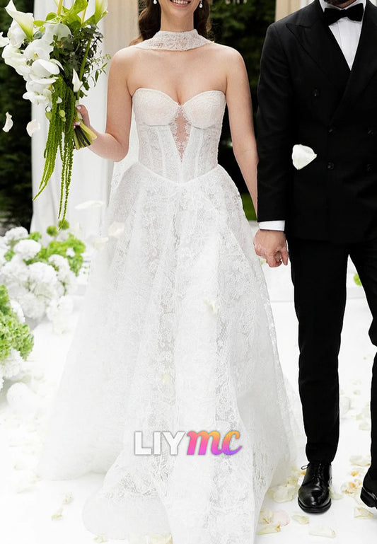 Sweetheart Sleeveless Lace Appliques A-Line Wedding Dress