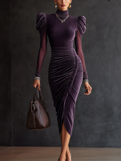 Plum Velvet Mesh Sleeve Draped Bodycon Dress