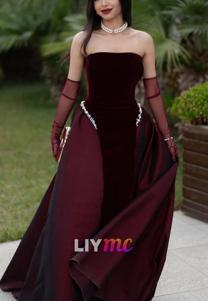 Straight Across Sleeveless Pearl A-Line Evening Dress