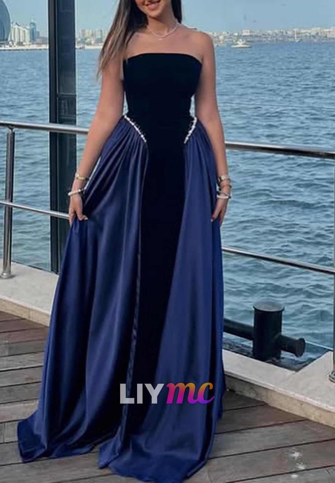 Straight Across Sleeveless Pearl A-Line Evening Dress