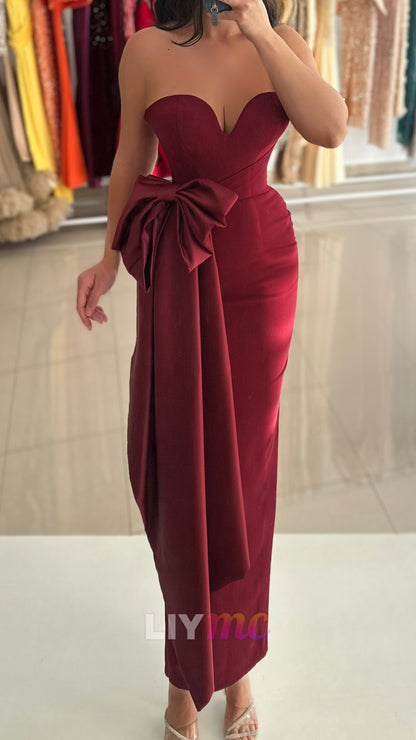 Sweetheart Bow Sleeveless Burgundy Mermaid Evening Dress