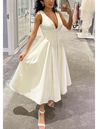 a line tea length white dress Ivory Lace A-line Tea-length Short Wedding Dresses, Bridal Gown, MW631