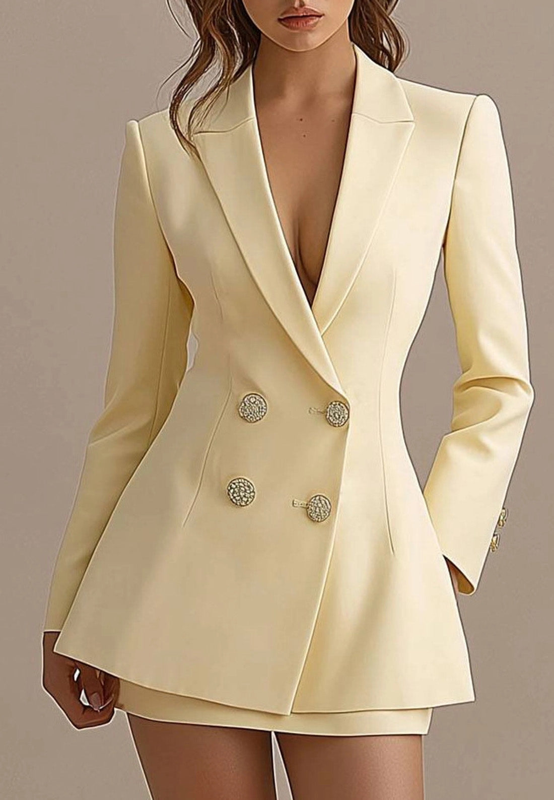 Work Party Blazer Dress Set Light Yellow Long Sleeve Lapel Mini Skirt Two Piece