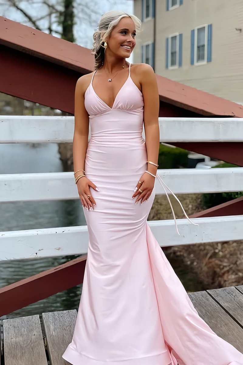 Pink - Mermaid V Neck Satin Long Prom Dresses with Train