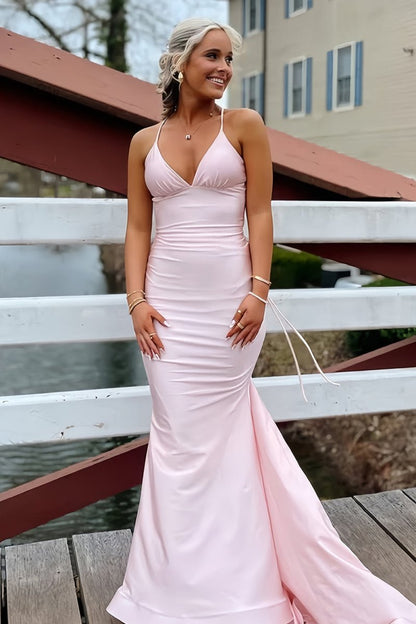 Pink - Mermaid V Neck Satin Long Prom Dresses with Train