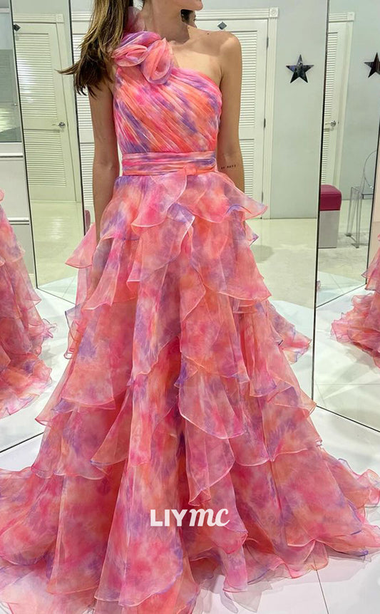 LP765 - One Shoulder Floral Ruffles A Line Long Formal Prom Dress