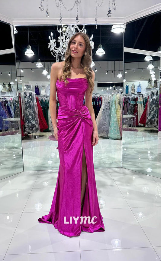 LP763 - Strapless Satin Drapped Sheath Long Prom Formal Dress with Slit