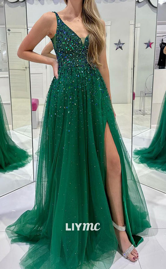 LP764 -  ALine V neck Beads Tulle Long Formal Prom Dress with Slit