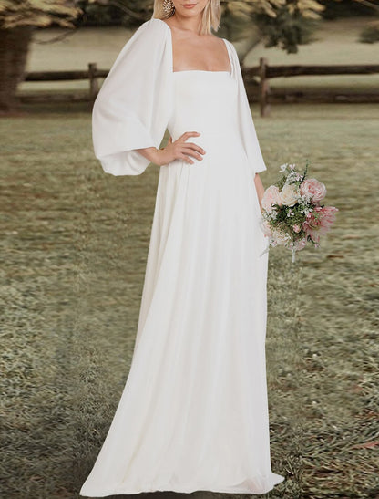 Engagement Open Back Wedding Dresses A-Line Square Neck Long Sleeve Sweep / Brush Train Chiffon Bridal Gowns With Solid Color
