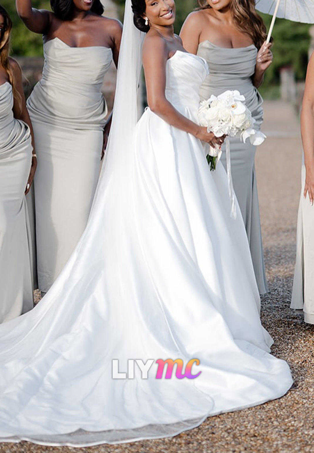 V-Neck Satin Pleated A-Line Wedding Dress