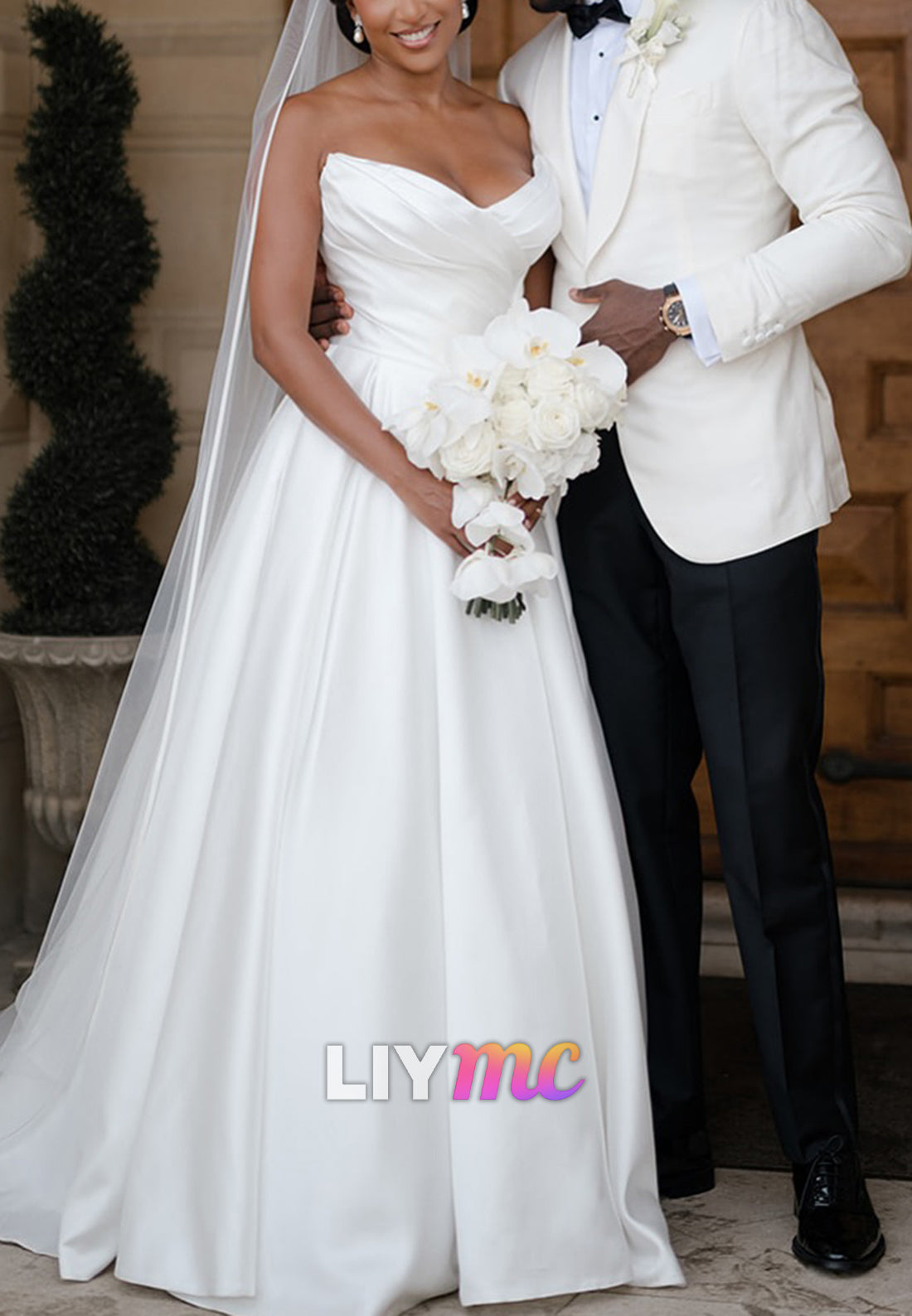V-Neck Satin Pleated A-Line Wedding Dress