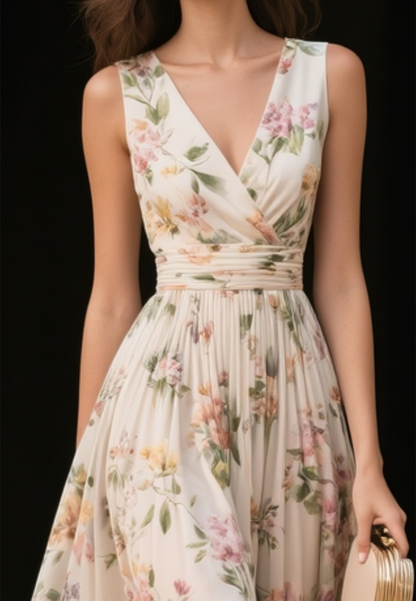 Beige Ruched Floral Chiffon V Neck Sleeveless A-Line Midi Dress