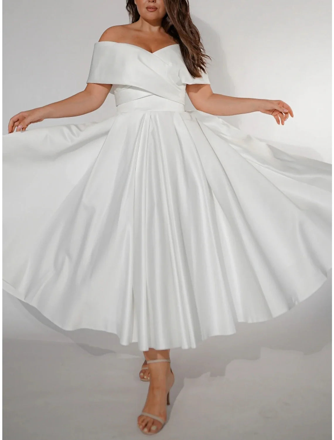 Casual Wedding Dresses A-Line Off Shoulder Short Sleeve Ankle Length Satin Bridal Gowns With Pleats Solid Color
